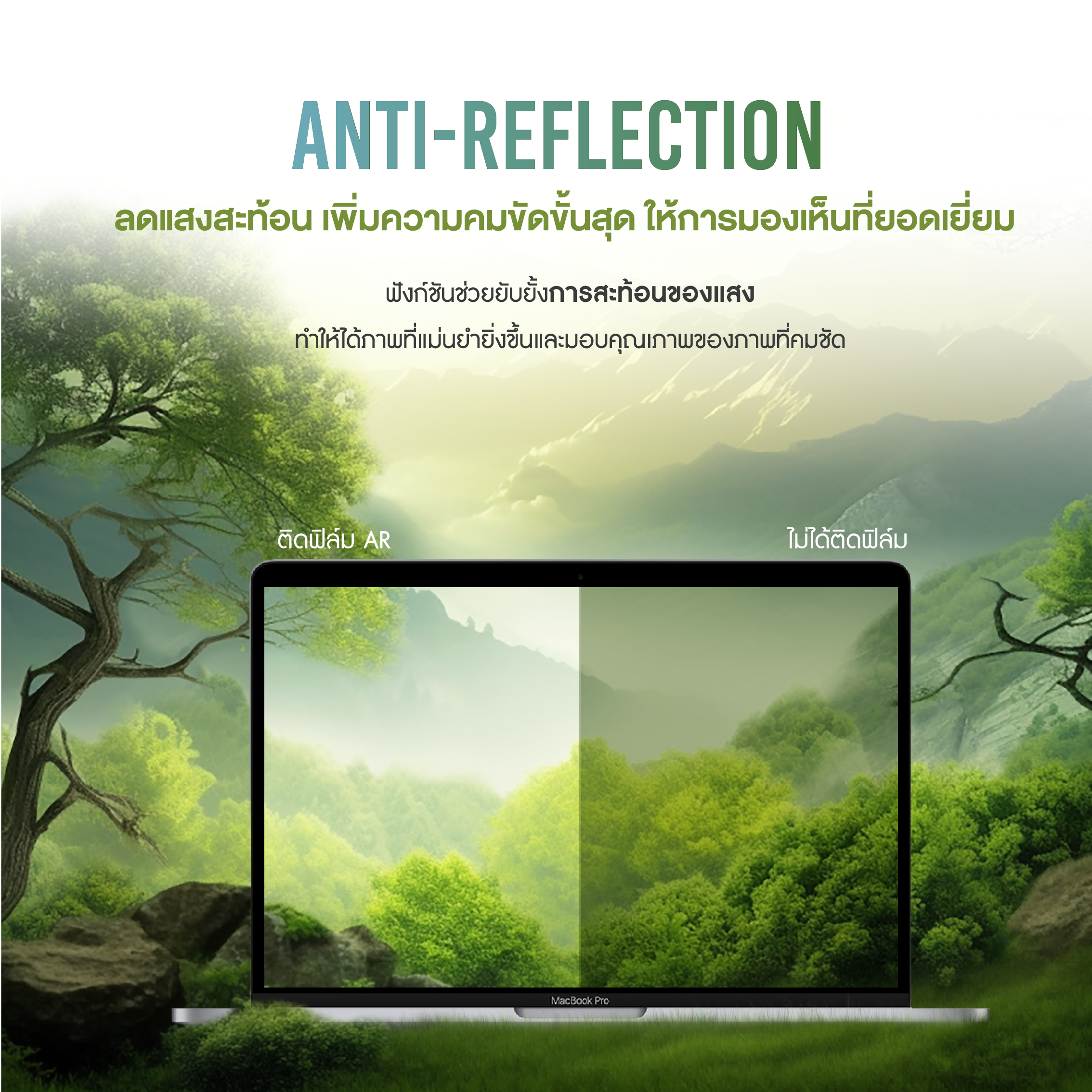 ตัวอย่างหน้าจอที่ติดฟิล์ม AR เทียบกับไม่ติดฟิล์ม